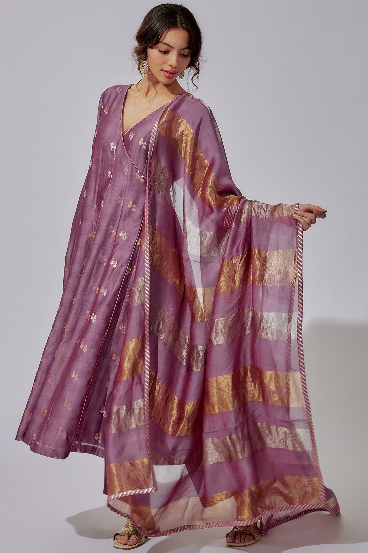 Pink Embroidered Chanderi Silk Angrakha Kurta with Cotton Silk Pants - Set  of 2 | Cotton kurti designs, Stylish dress designs, Kurti embroidery design